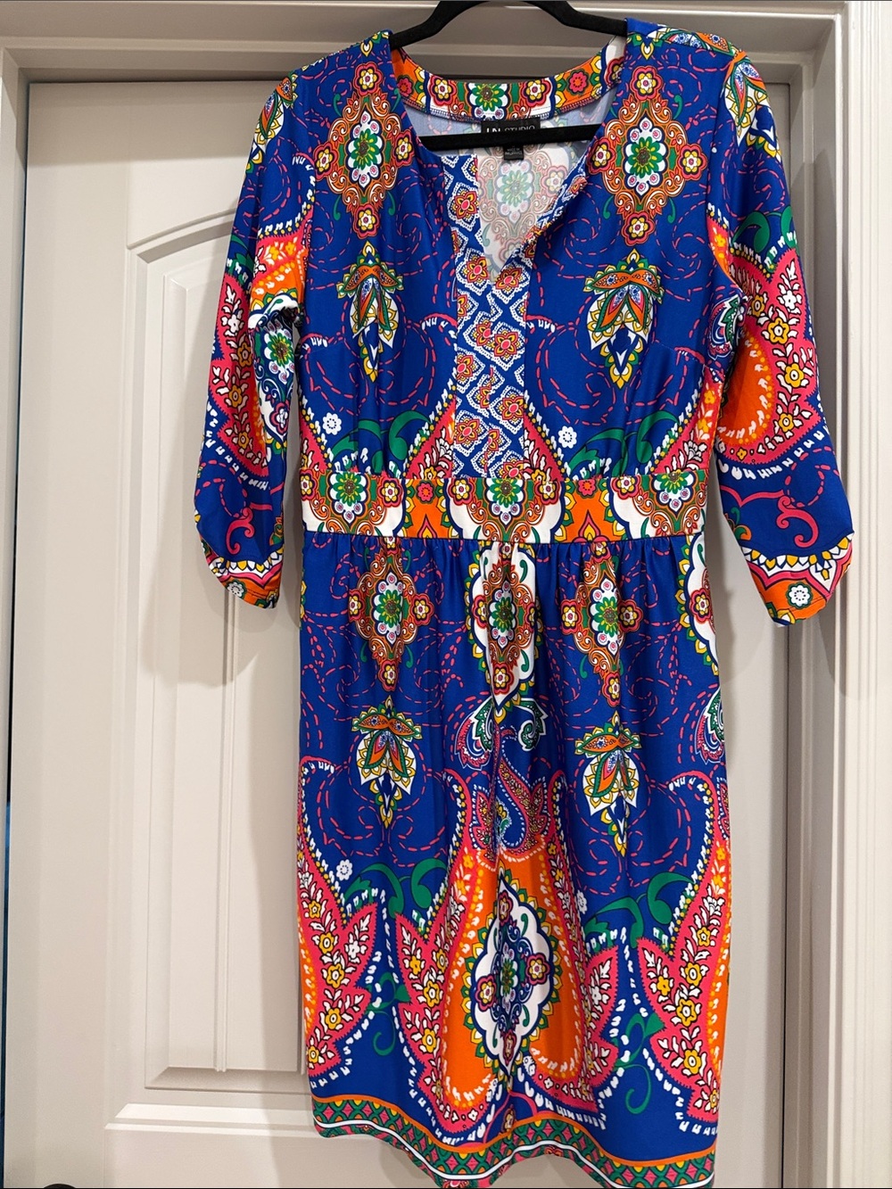 I.N. Studio Vibrant Blue Paisley Print Dress with Orange & Green Accents
